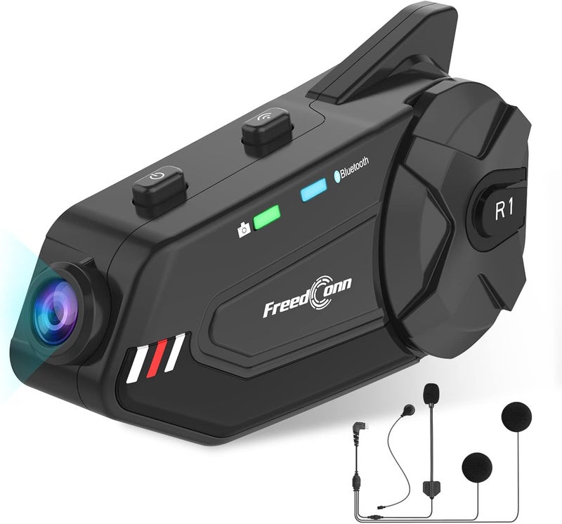 Freedconn Motorcycle Helmet Headset with Camera R1plus Helmet Intercom 1080P WiFi Motorcycle Communication Systems with CVC Noise Cancellation/Music Sharing /IP65 Waterproof(Comes with 64G TF Card) - Image 1
